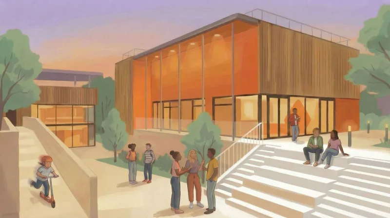 Des jeunes devant un espace éducatif moderne aux Mureaux